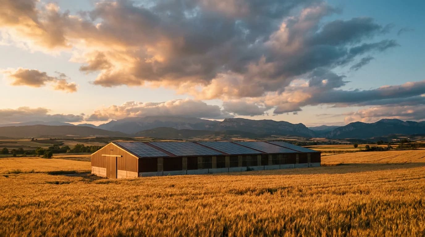 Nave agrícola con placas solares en el campo de Aragón