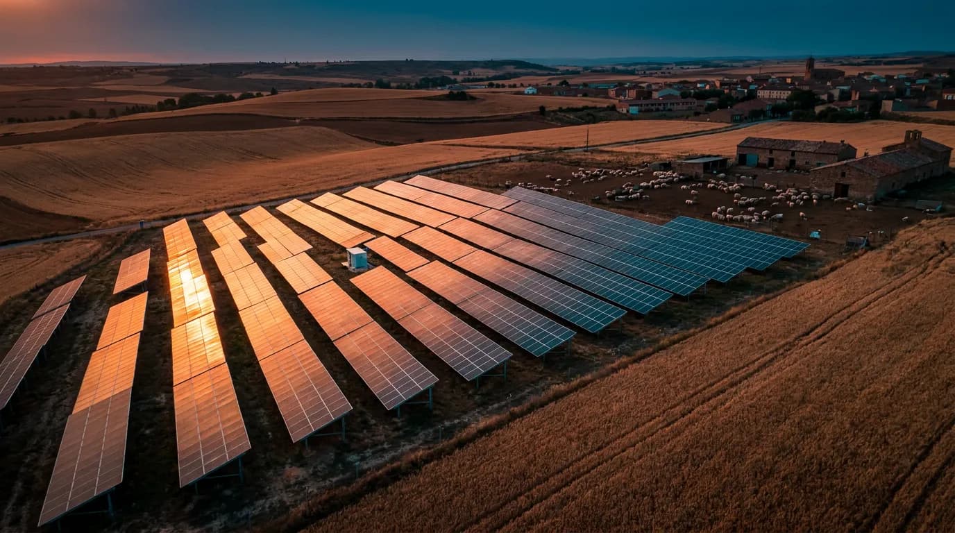 Instalación solar fotovoltaica al atardecer en el campo de Aragón